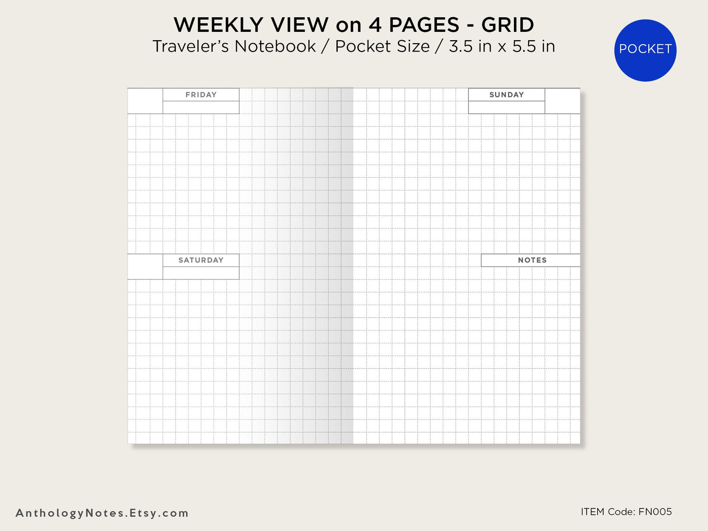 POCKET TN Weekly Planner Printable Insert Wo4P GRID Horizontal Week on 4 Pages Undated, Minimalist, Functional