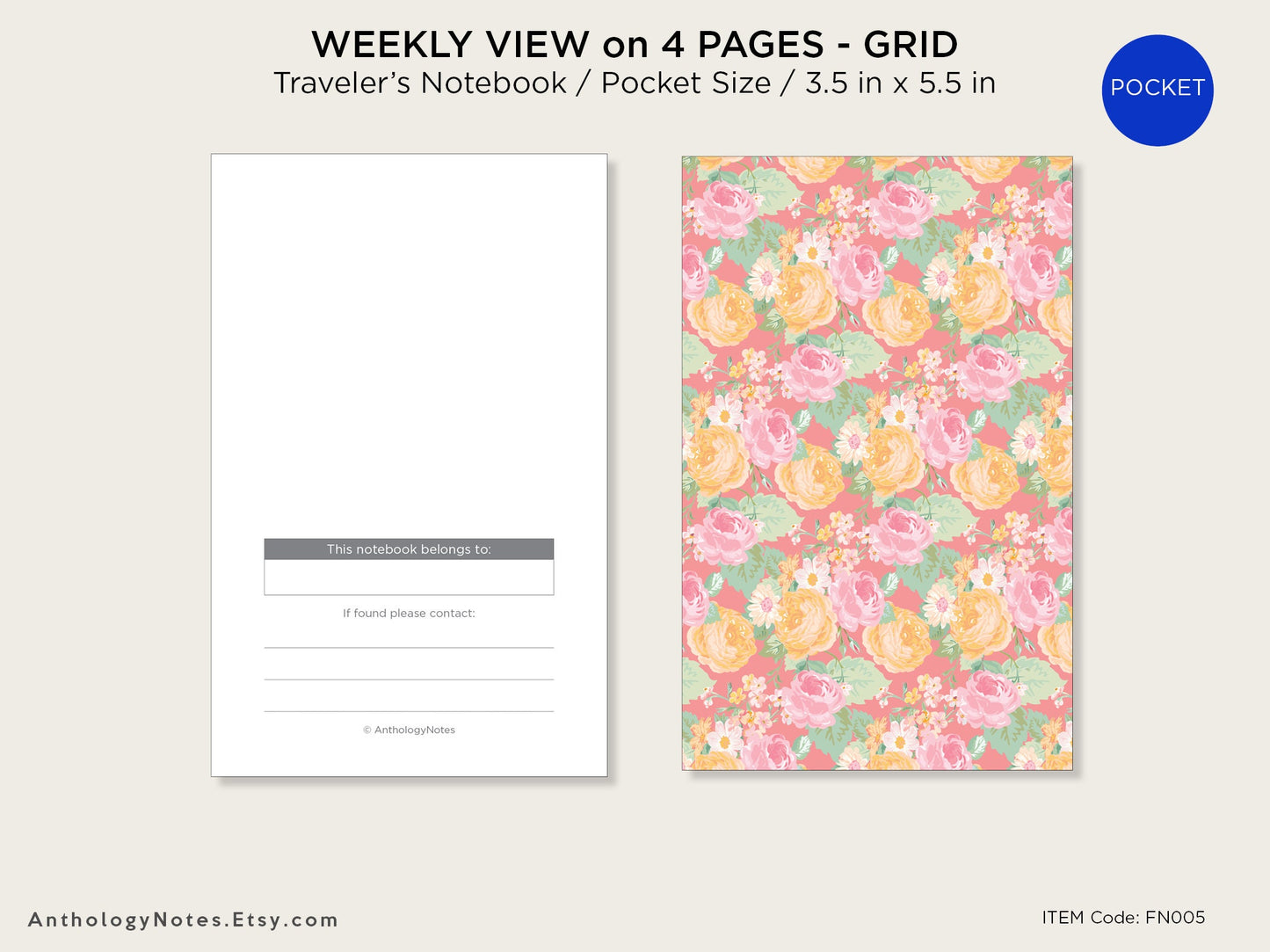 POCKET TN Weekly Planner Printable Insert Wo4P GRID Horizontal Week on 4 Pages Undated, Minimalist, Functional