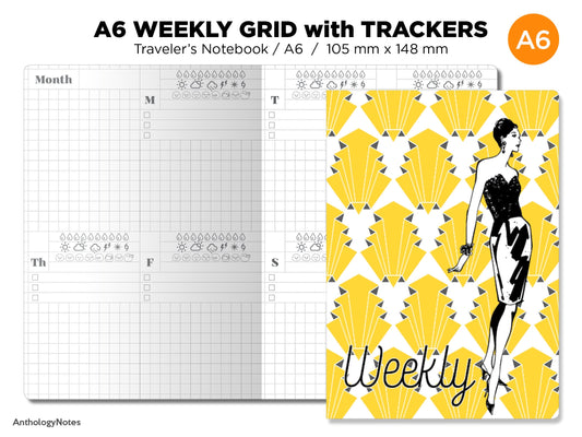 A6 WEEKLY GRID Traveler's Notebook Vertical Printable TN Insert - Diary Planner Undated - Weather, Mood, Water Tracker