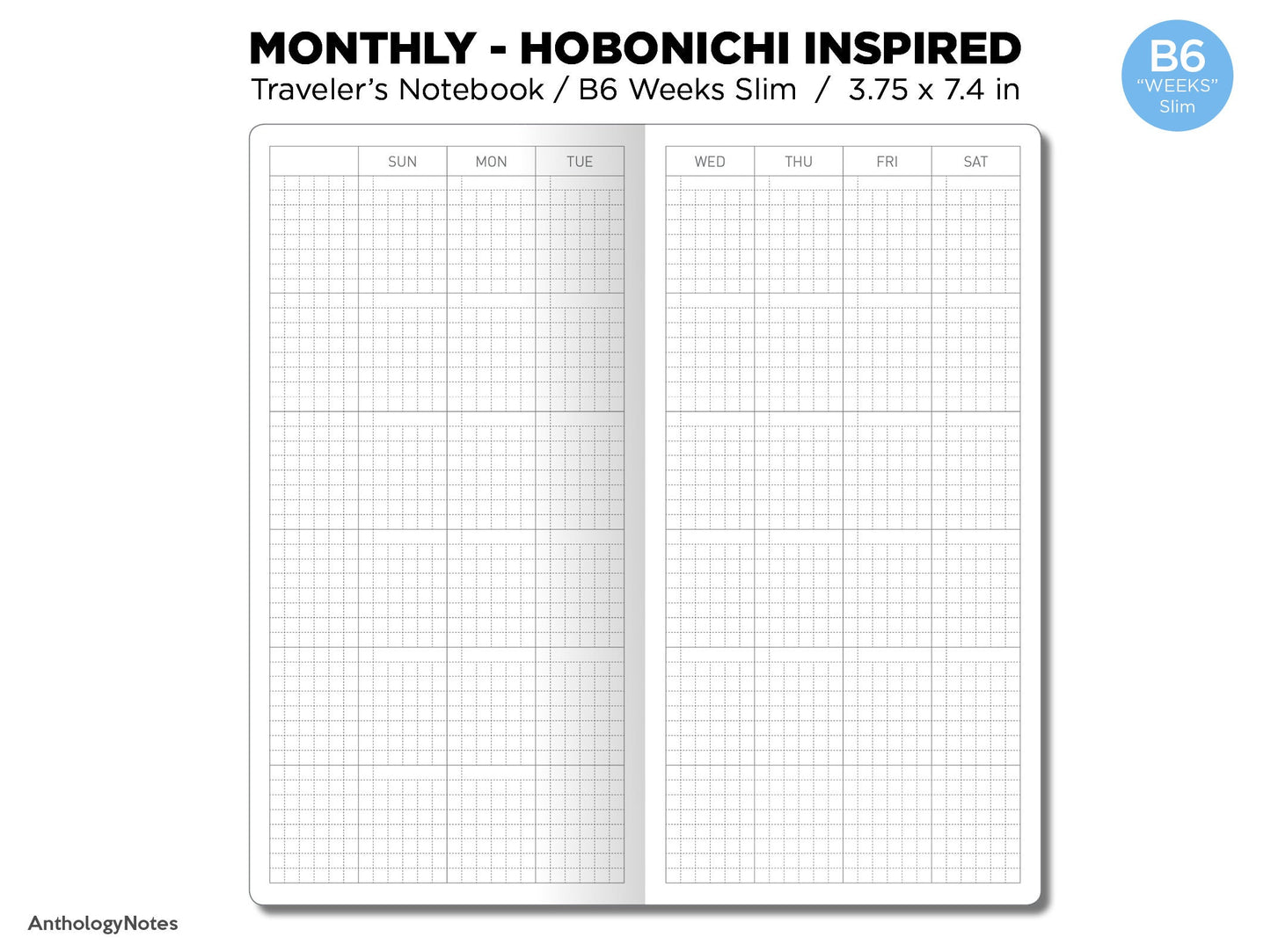 TN WEEKS Monthly Hobonichi Weeks Inspired Layout GRID Monday or Sunday Start Minimalist