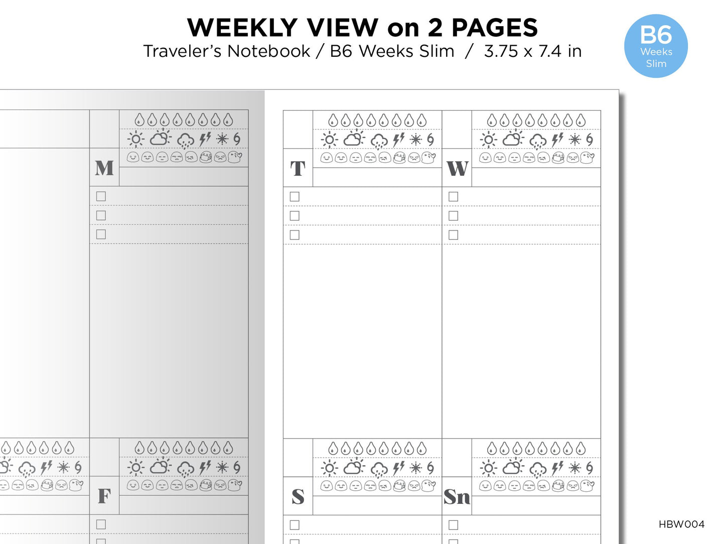 TN WEEKS Weekly View Wo2P Vertical - Printable Traveler's Notebook Insert - Hobonichi Weeks Size