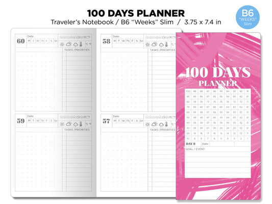TN WEEKS Slim 100 Days Planner Traveler's Notebook Goal Tracking Count Down Planner Printable Diary Refill