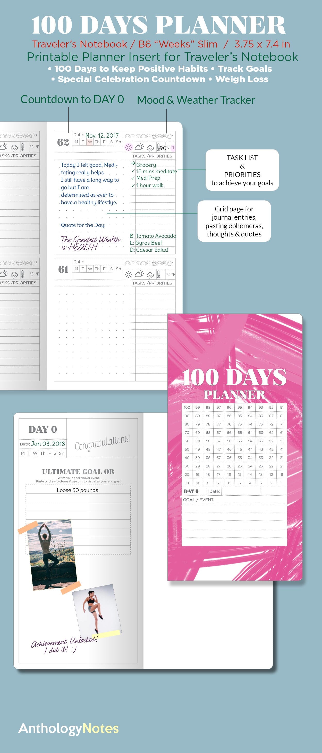 TN WEEKS Slim 100 Days Planner Traveler's Notebook Goal Tracking Count Down Planner Printable Diary Refill