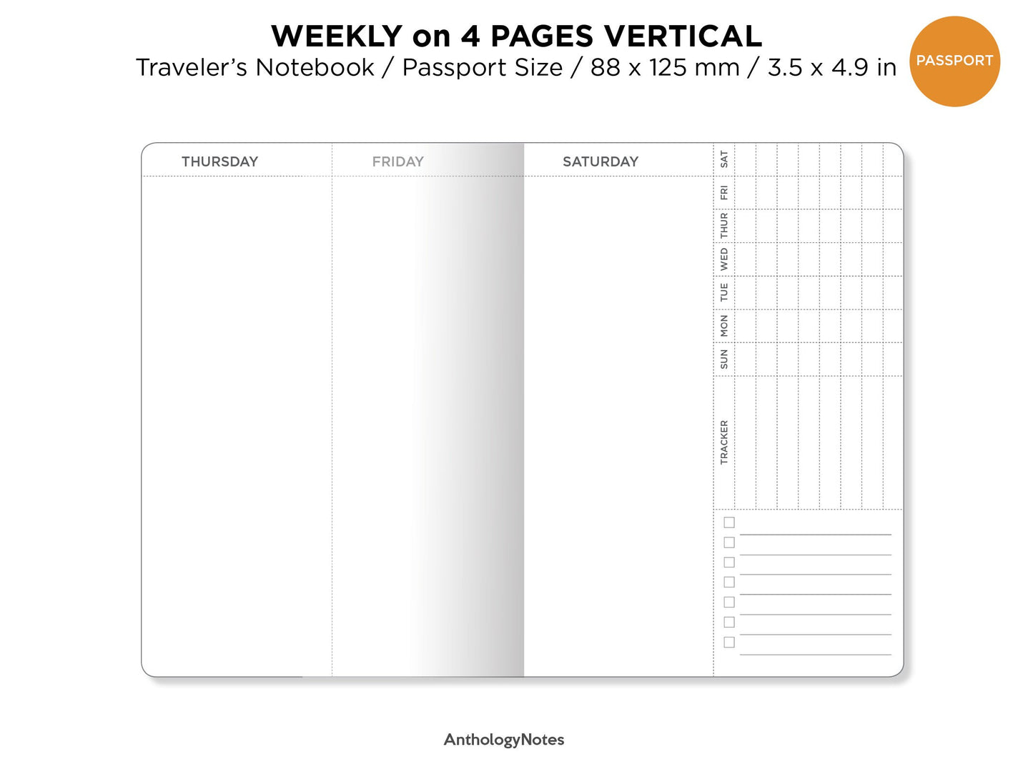 PASSPORT WEEKLY Vertical Traveler's Notebook Printable Insert with Tracker Minimalist Wo4P