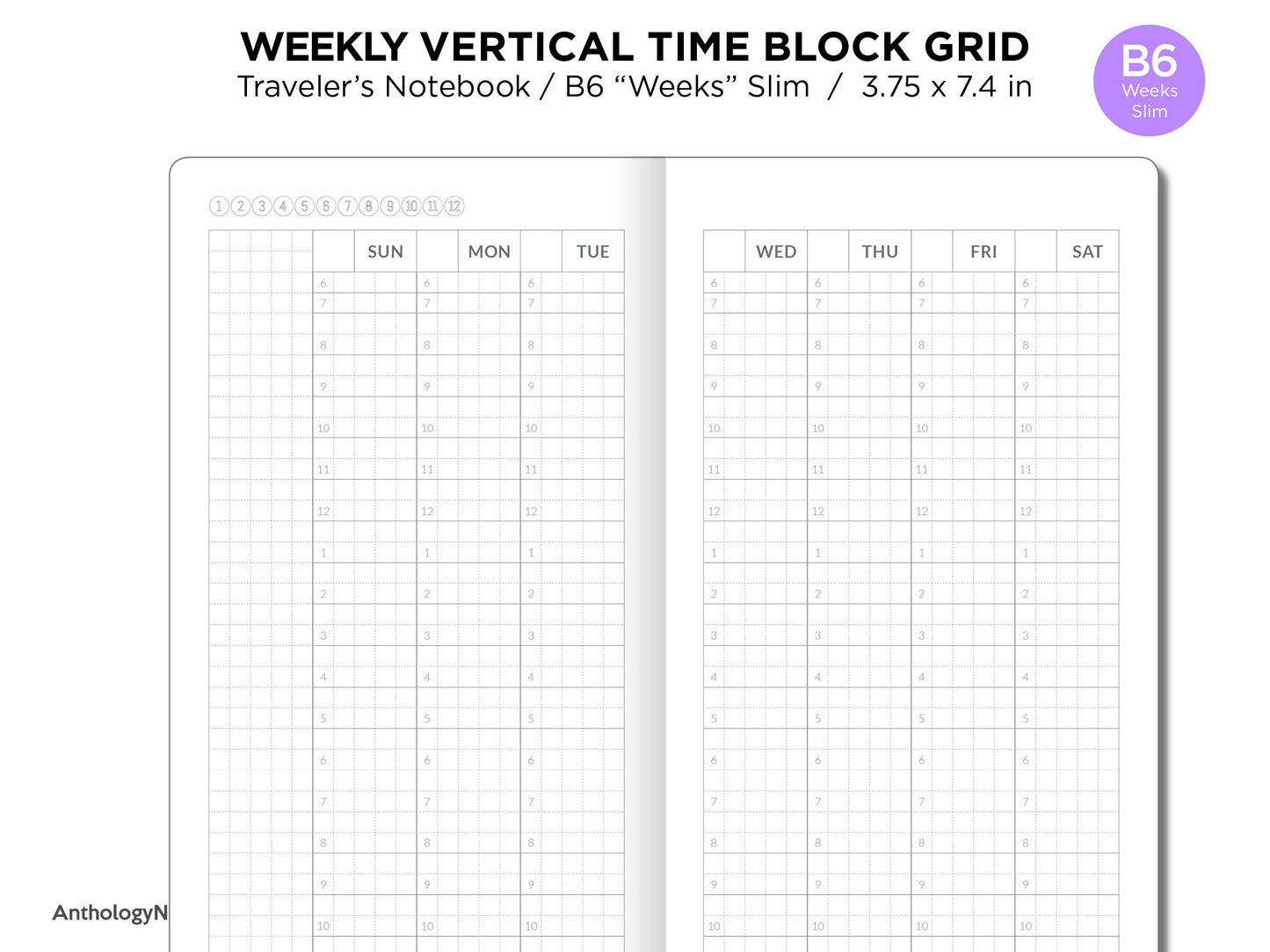 TN WEEKS Weekly TIME BLOCK Vertical Grid Printable Traveler's Notebook Insert