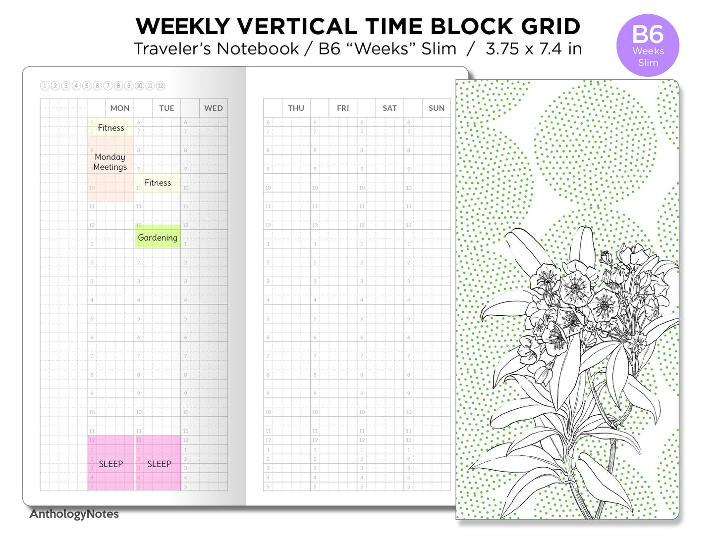 TN WEEKS Weekly TIME BLOCK Vertical Grid Printable Traveler's Notebook Insert