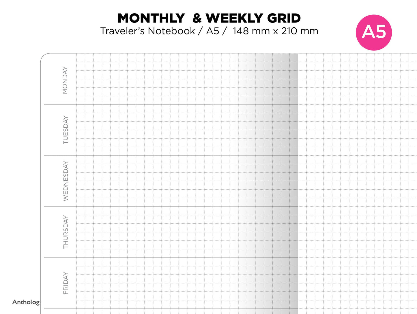A5 Weekly & Monthly Planner Undated Traveler's Notebook Printable Insert Refill GRID Minimalist Sunday or Monday Start A5008