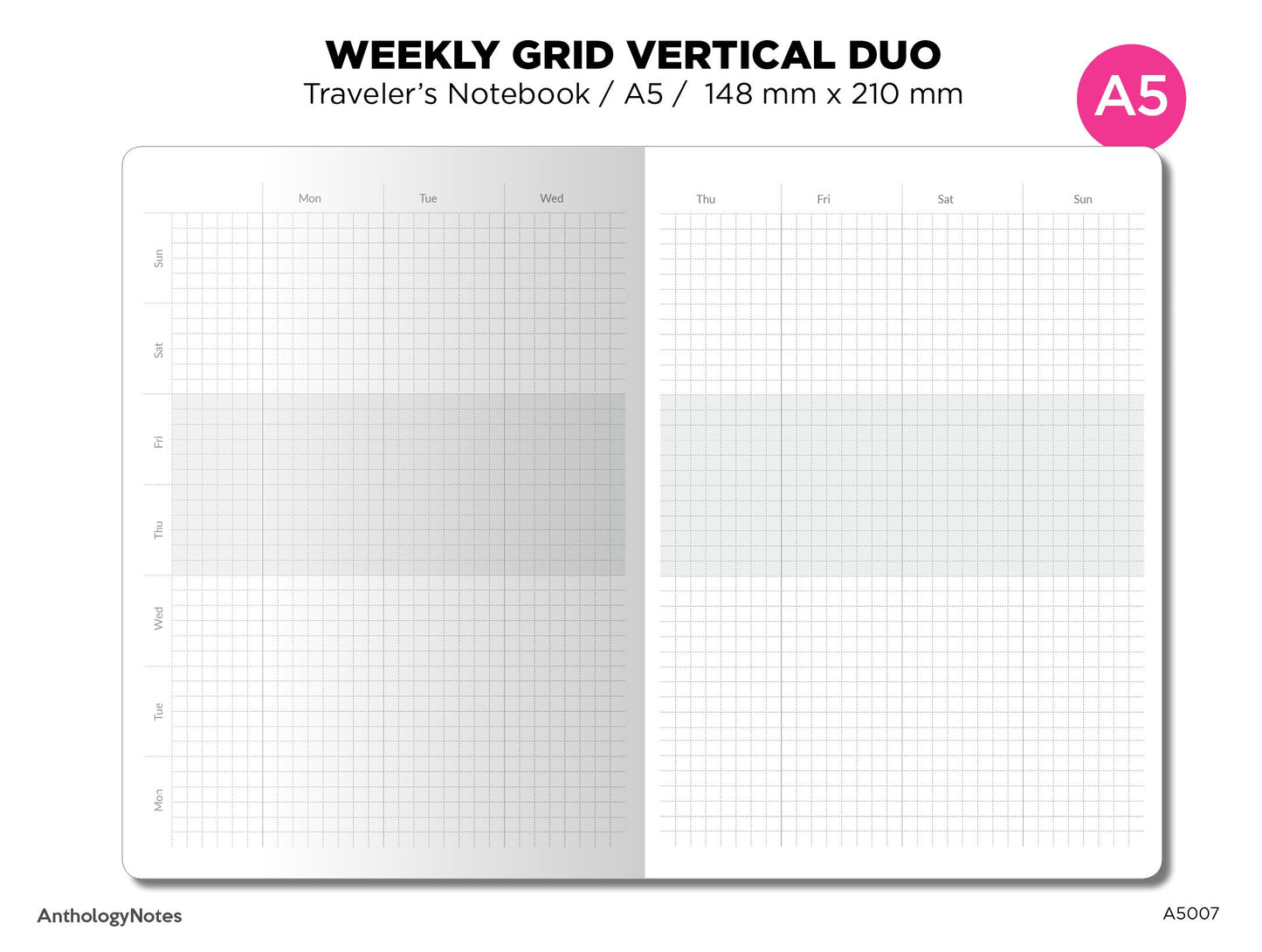 A5 Weekly View GRID Dual Layout Printable Traveler's Notebook Undated A5007