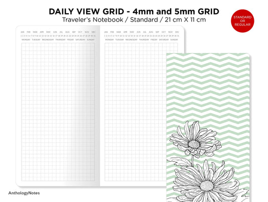 Daily View GRID Traveler's Notebook Printable Insert Standard Size Minimalist, 4 mm x 4 mm and 5 mm x 5 mm