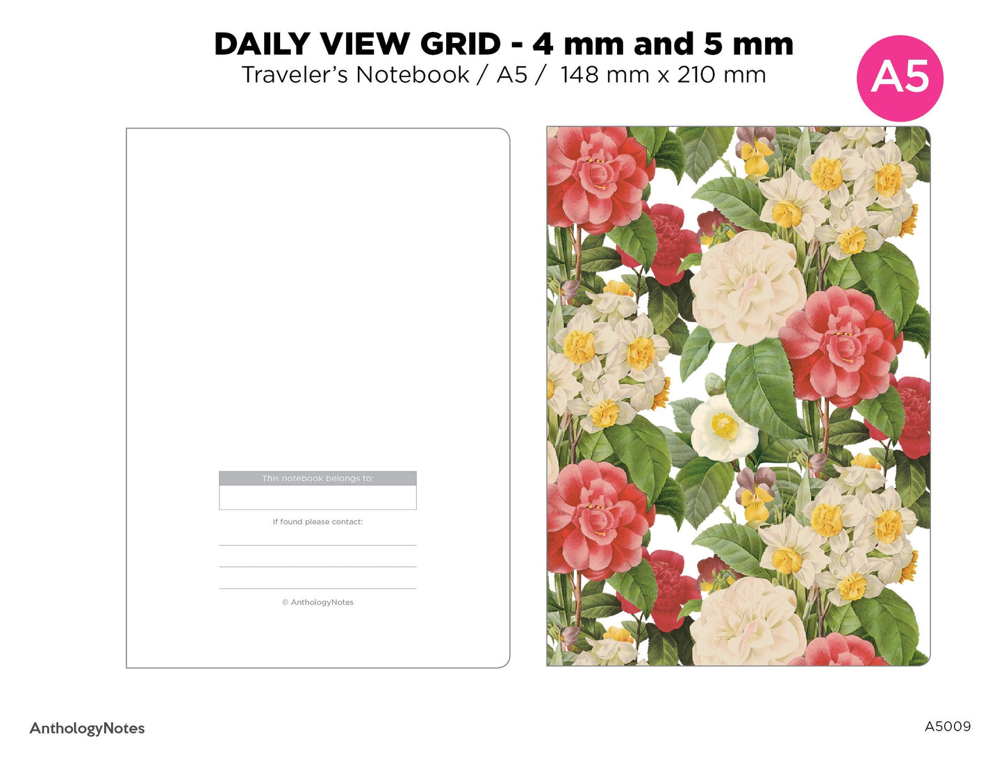 A5 TN Daily View GRID Traveler's Notebook Printable Insert Minimalist, 4 mm x 4 mm and 5 mm x 5 mm A5009
