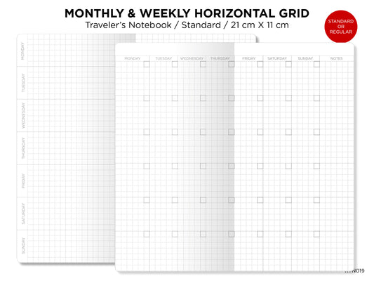 Weekly & Monthly Planner Undated Traveler's Notebook Printable Insert Refill - Standard Size - GRID Minimalist Sunday or Monday Start