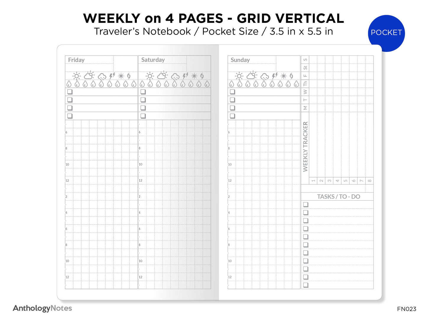 TN POCKET Weekly View Wo4P Printable Insert Traveler's Notebook Tracker Minimalist Vertical GRID