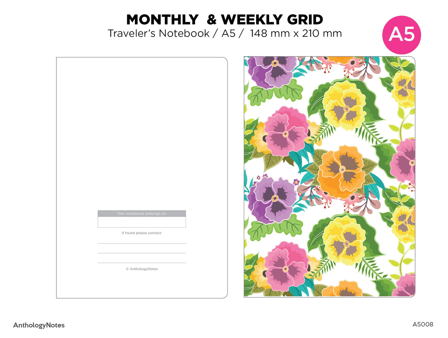 A5 Weekly & Monthly Planner Undated Traveler's Notebook Printable Insert Refill GRID Minimalist Sunday or Monday Start A5008