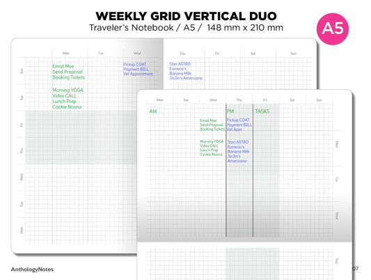 A5 Weekly View GRID Dual Layout Printable Traveler's Notebook Undated A5007