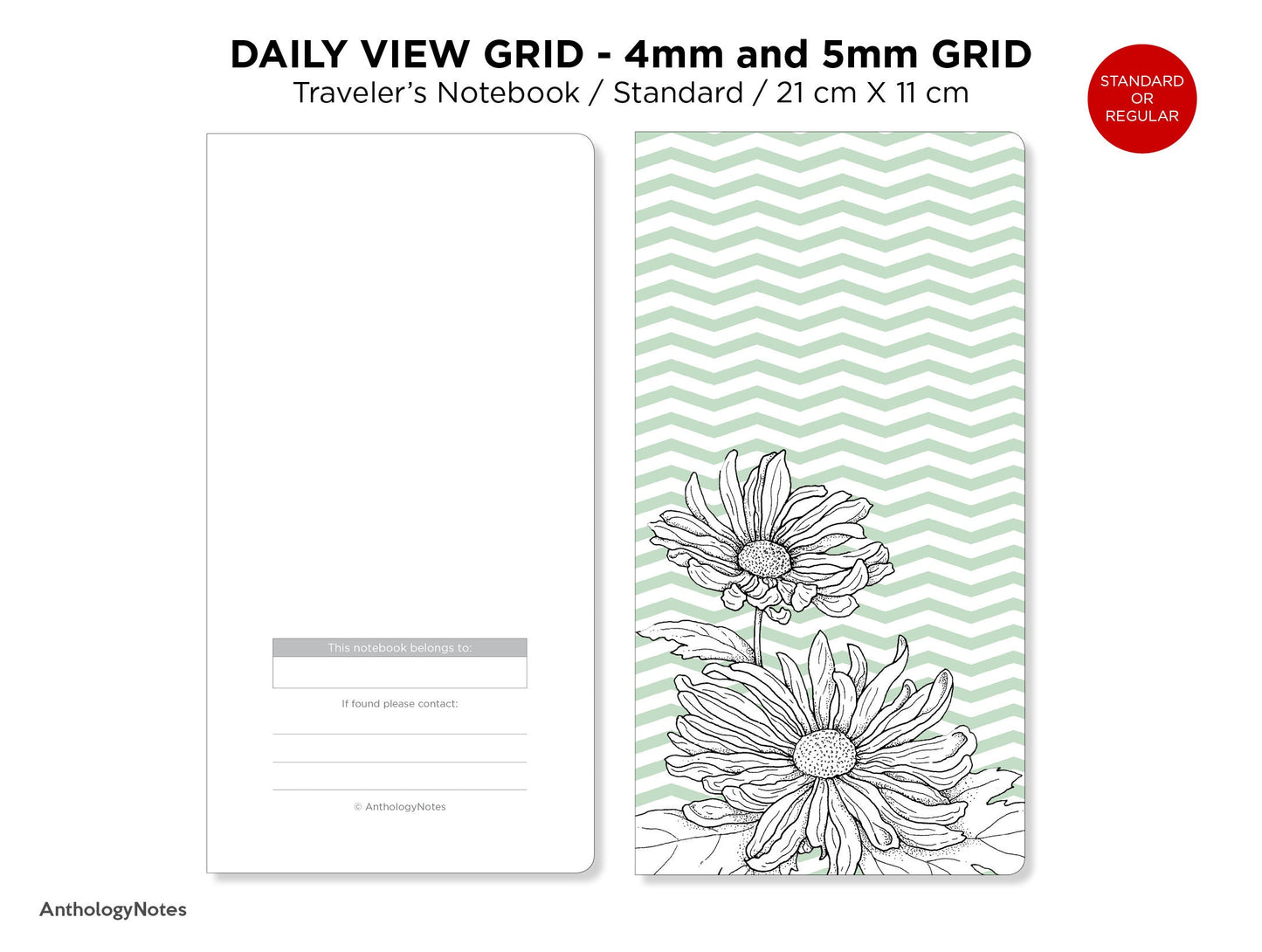 Daily View GRID Traveler's Notebook Printable Insert Standard Size Minimalist, 4 mm x 4 mm and 5 mm x 5 mm