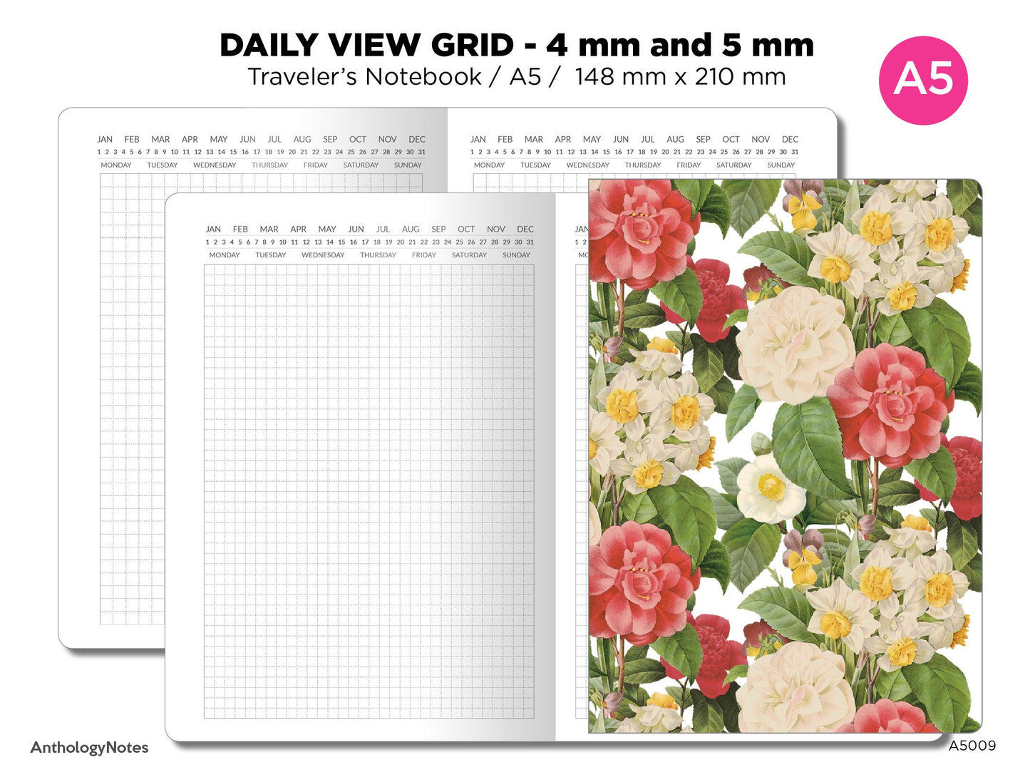 A5 TN Daily View GRID Traveler's Notebook Printable Insert Minimalist, 4 mm x 4 mm and 5 mm x 5 mm A5009