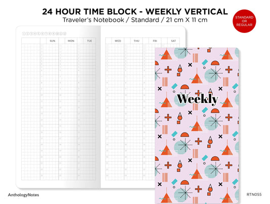 24 Hour TIME BLOCK Weekly VERTICAL Standard Size Printable Traveler's Notebook Insert