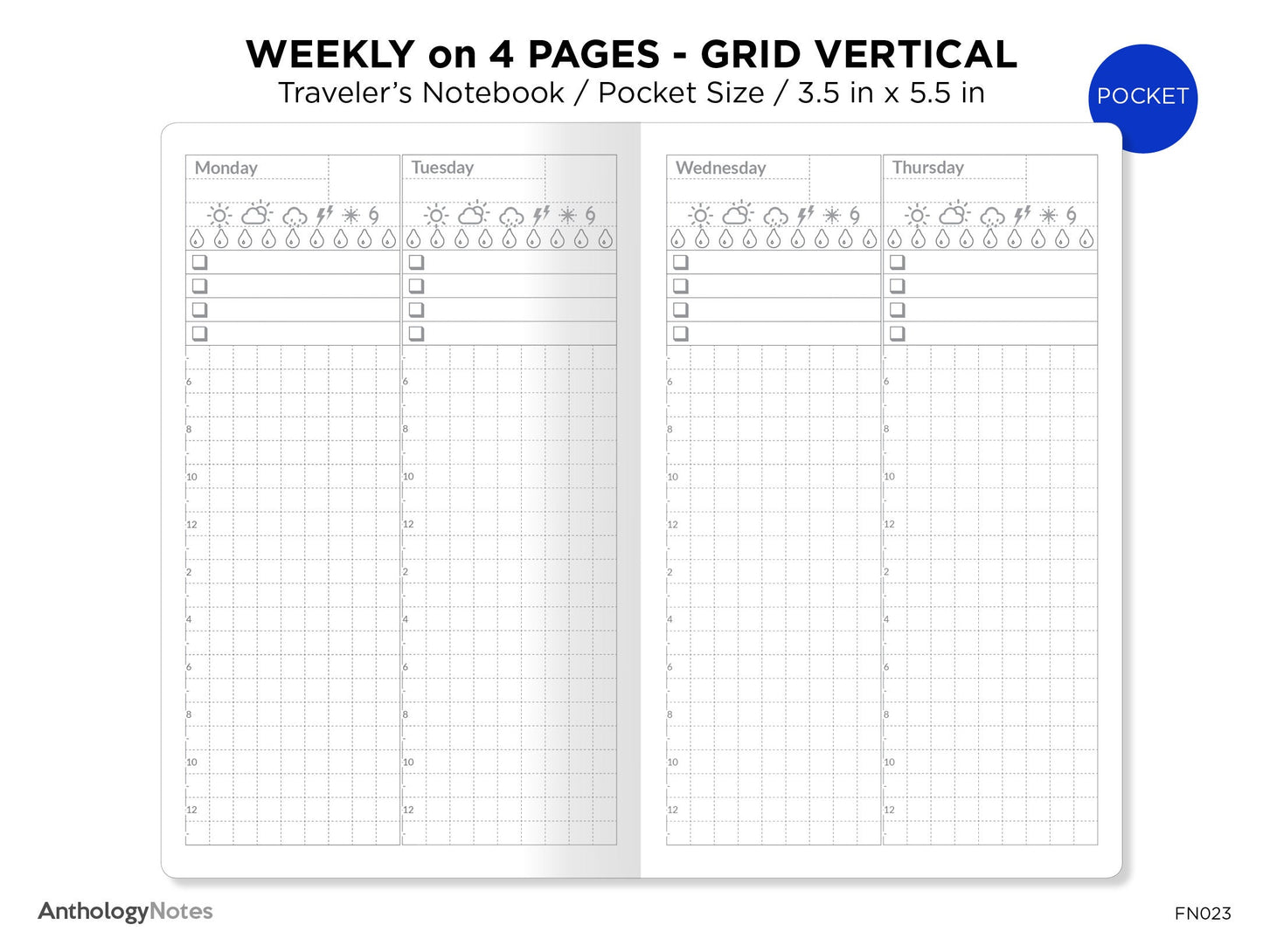 TN POCKET Weekly View Wo4P Printable Insert Traveler's Notebook Tracker Minimalist Vertical GRID