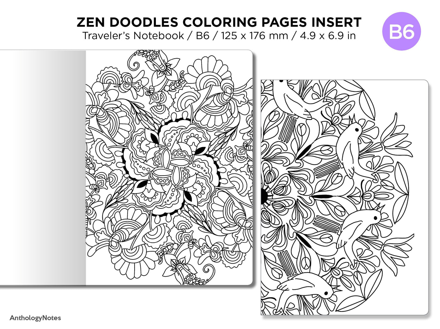 B6 Zen MANDALA Doodles COLORING Activity TN Insert Traveler's Notebook