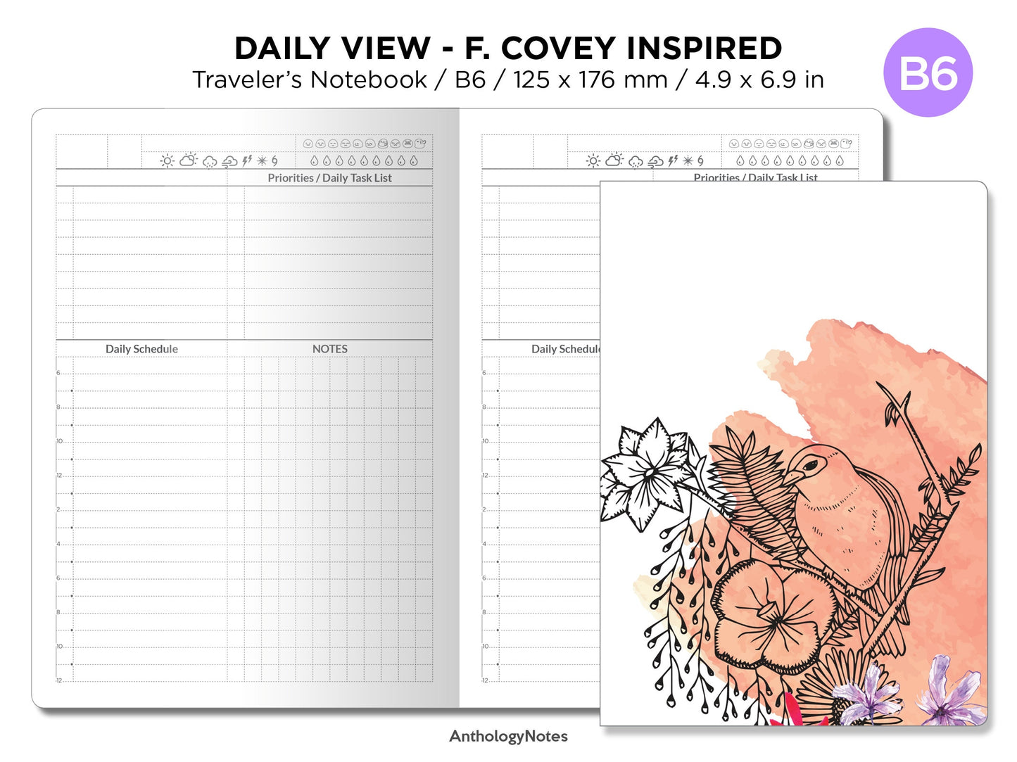 B6 Daily View Schedule Traveler's Notebook Mood, Weather and Water Tracker GRID Minimalist F. COVEY Inspired