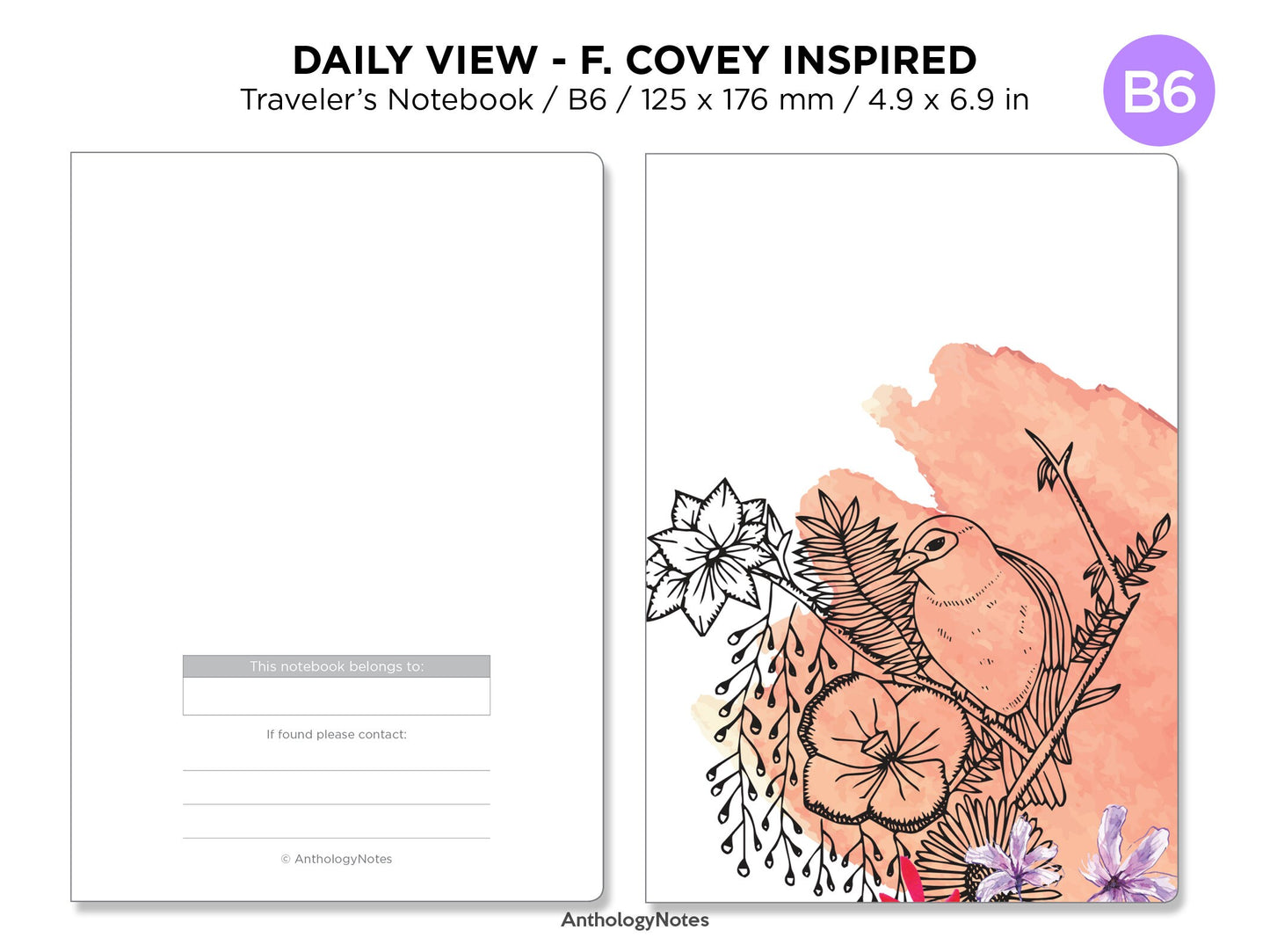 B6 Daily View Schedule Traveler's Notebook Mood, Weather and Water Tracker GRID Minimalist F. COVEY Inspired