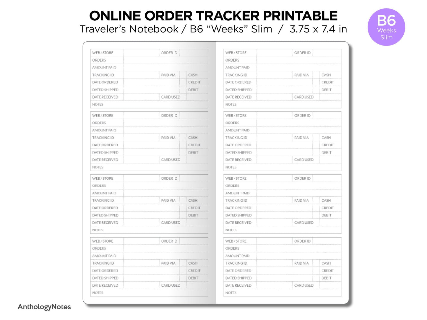 TN WEEKS Online Order Tracker Traveler's Notebook Printable Insert Minimalist Functional