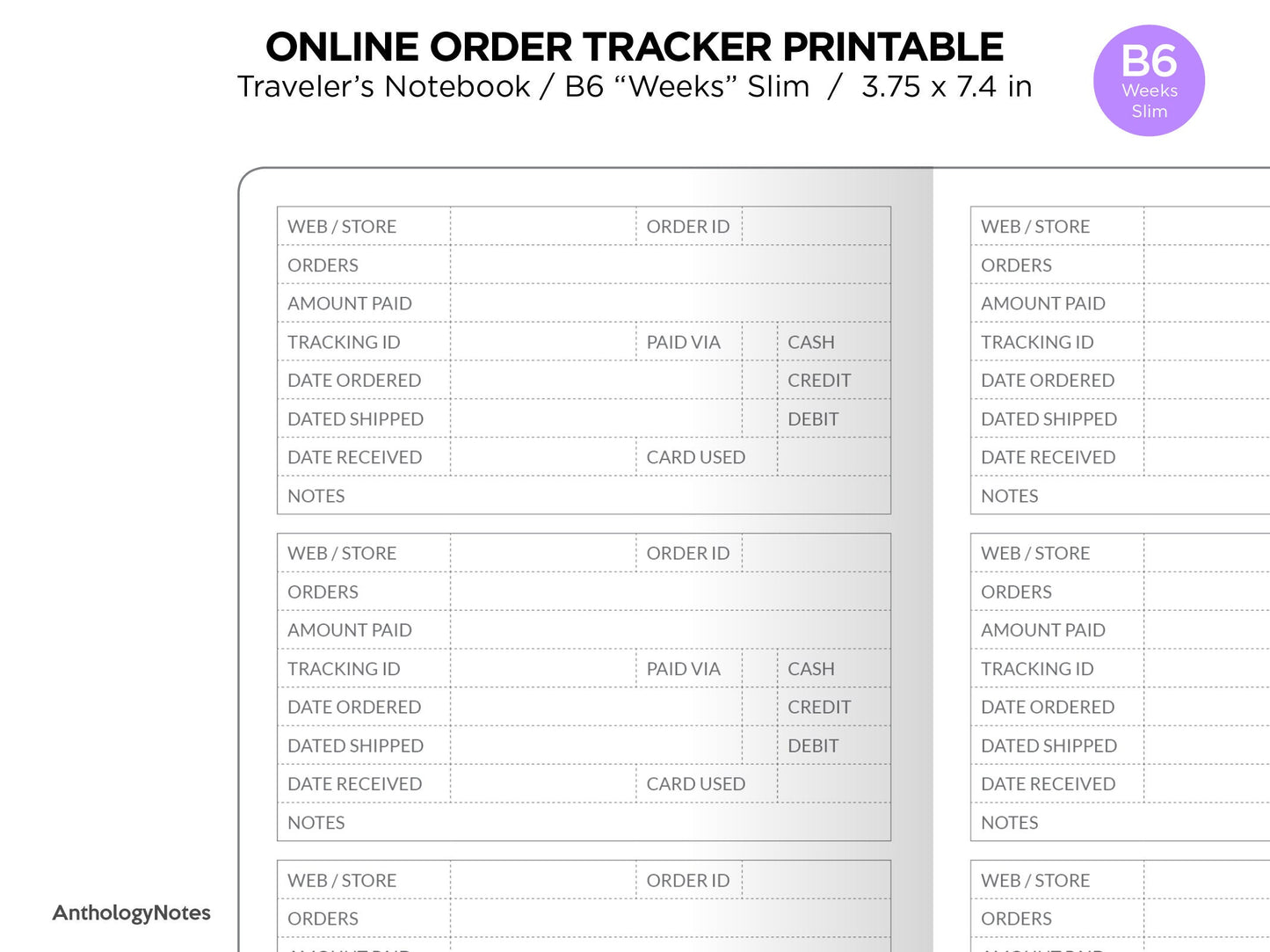 TN WEEKS Online Order Tracker Traveler's Notebook Printable Insert Minimalist Functional