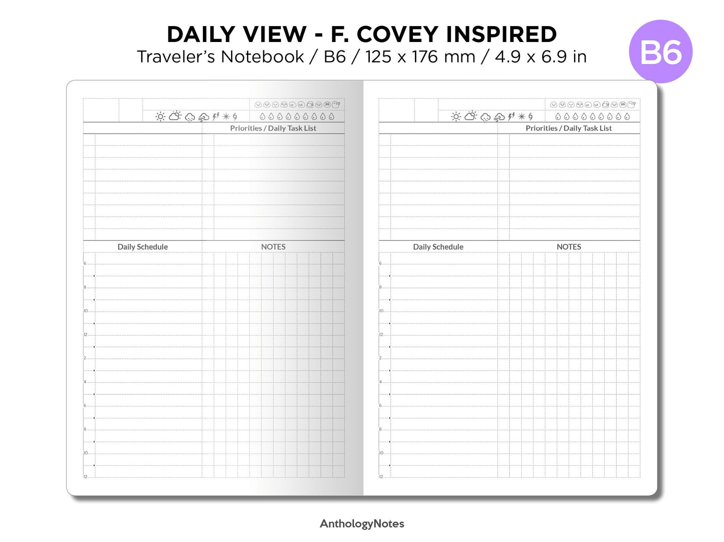 B6 Daily View Schedule Traveler's Notebook Mood, Weather and Water Tracker GRID Minimalist F. COVEY Inspired