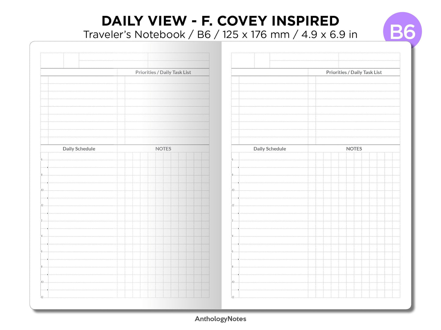 B6 Daily View Schedule Traveler's Notebook Mood, Weather and Water Tracker GRID Minimalist F. COVEY Inspired