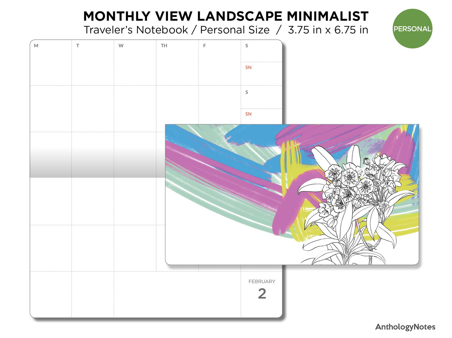 TN PERSONAL Size Monthly View Minimalist LANDSCAPE FORMAT Printable Planner Traveler's Notebook Insert