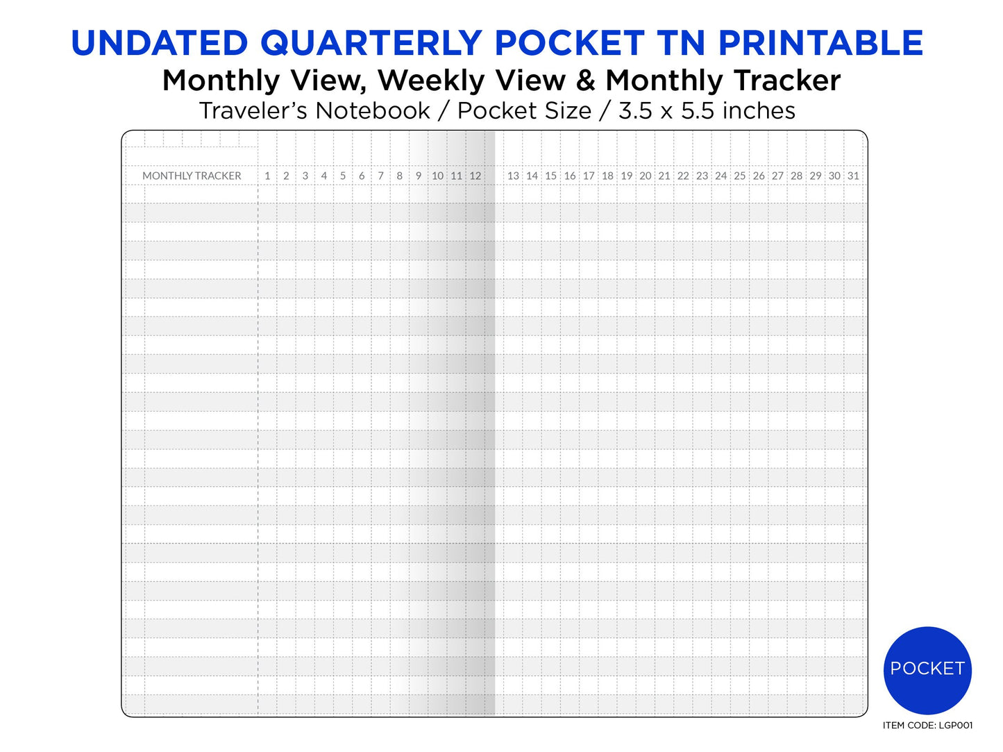 Quarterly POCKET Traveler's Notebook - Monthly View, Weekly View and Monthly Tracker PRINTABLE Undated Insert
