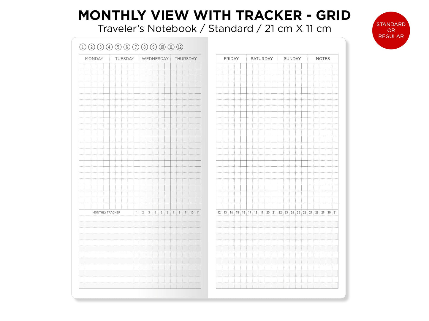 Monthly View With Tracker GRID Traveler's Notebook Printable Insert Standard Size Functional Grid