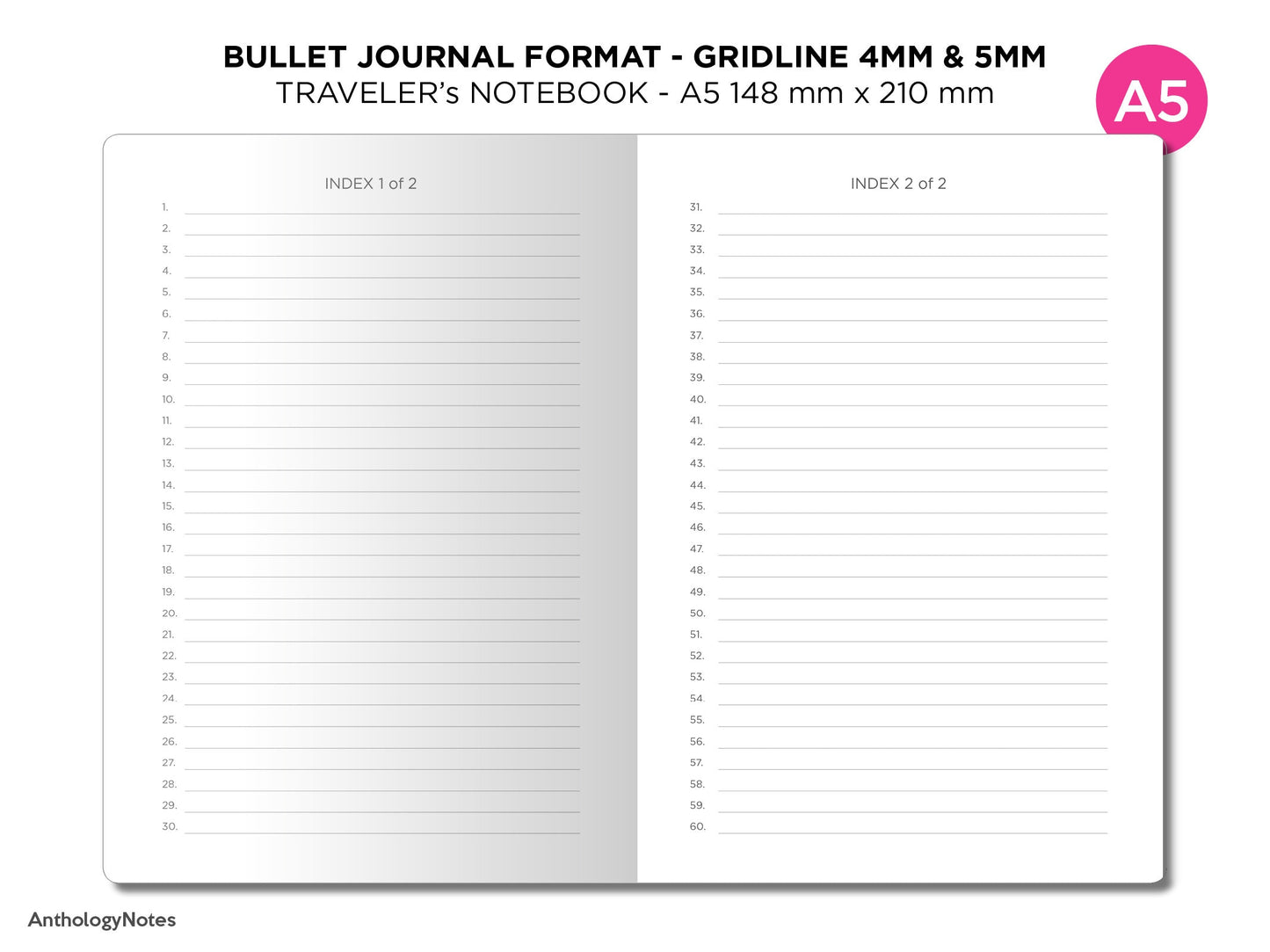 Bullet Log GRID - Traveler's Notebook A5 - Bujo Format - Numbered Pages, Key Page, Index Page - 5mm & 4mm