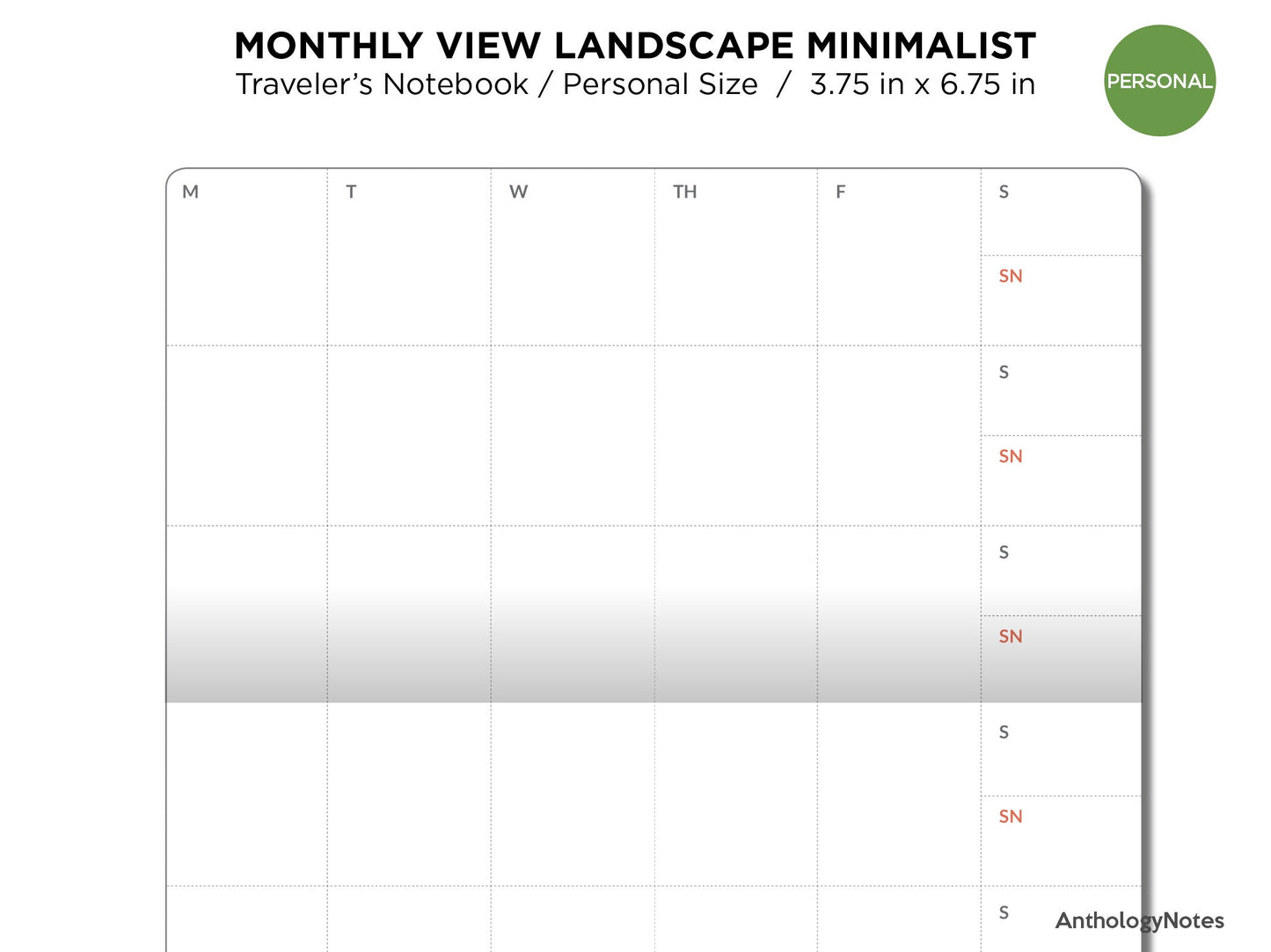 TN PERSONAL Size Monthly View Minimalist LANDSCAPE FORMAT Printable Planner Traveler's Notebook Insert