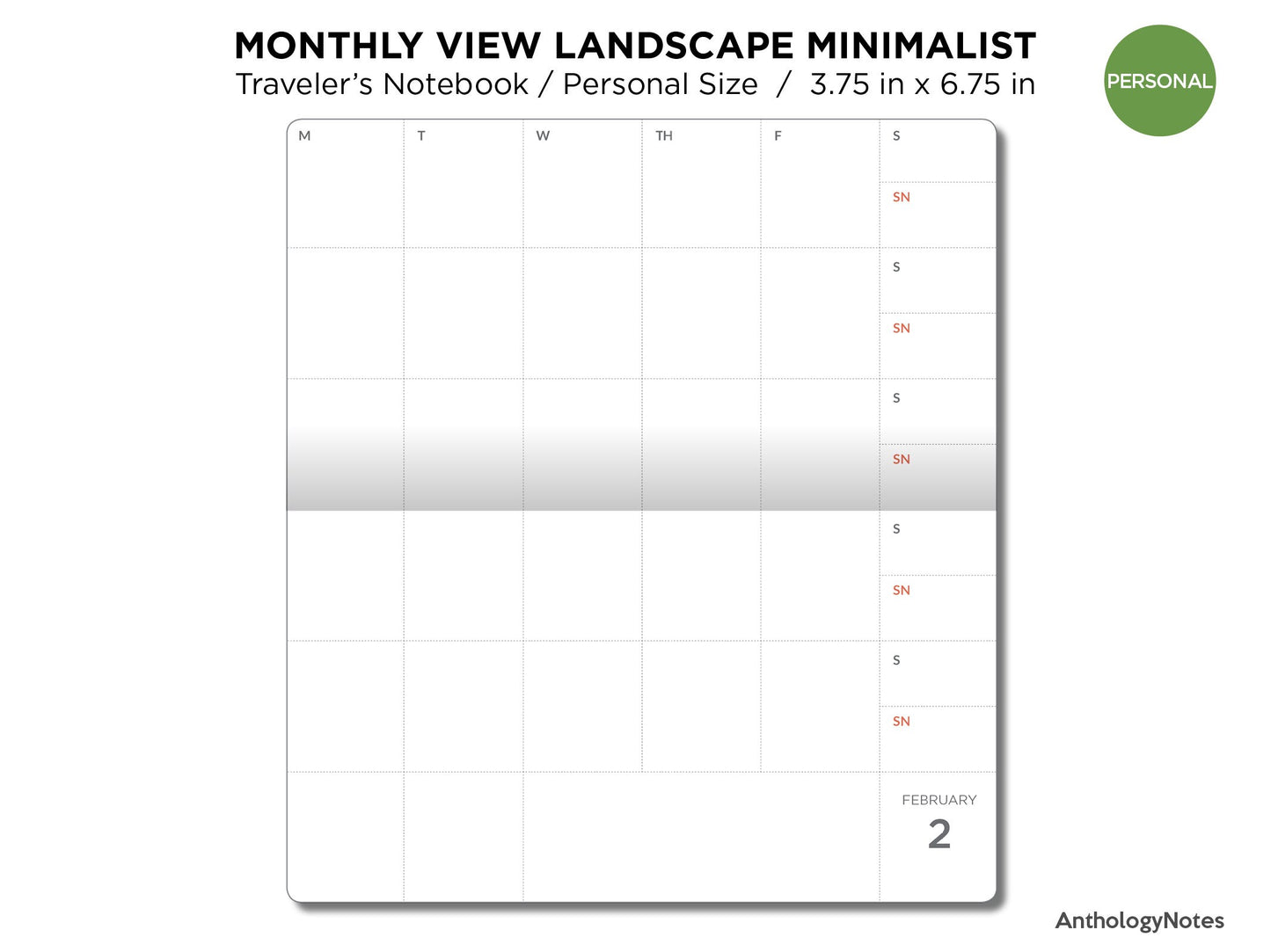 TN PERSONAL Size Monthly View Minimalist LANDSCAPE FORMAT Printable Planner Traveler's Notebook Insert