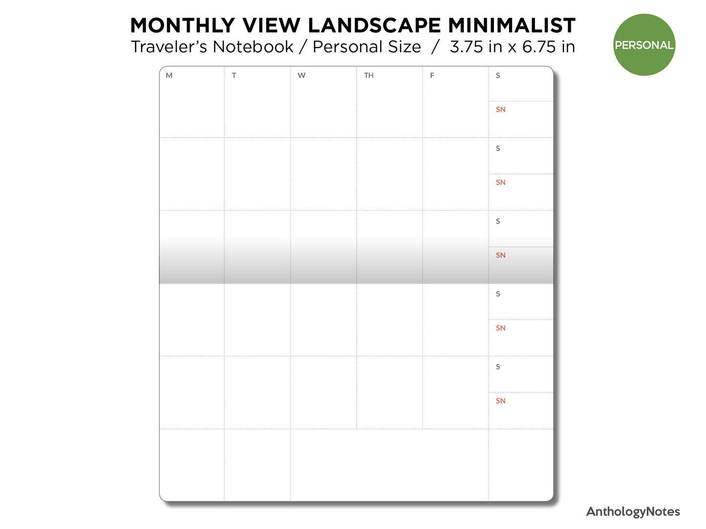 TN PERSONAL Size Monthly View Minimalist LANDSCAPE FORMAT Printable Planner Traveler's Notebook Insert