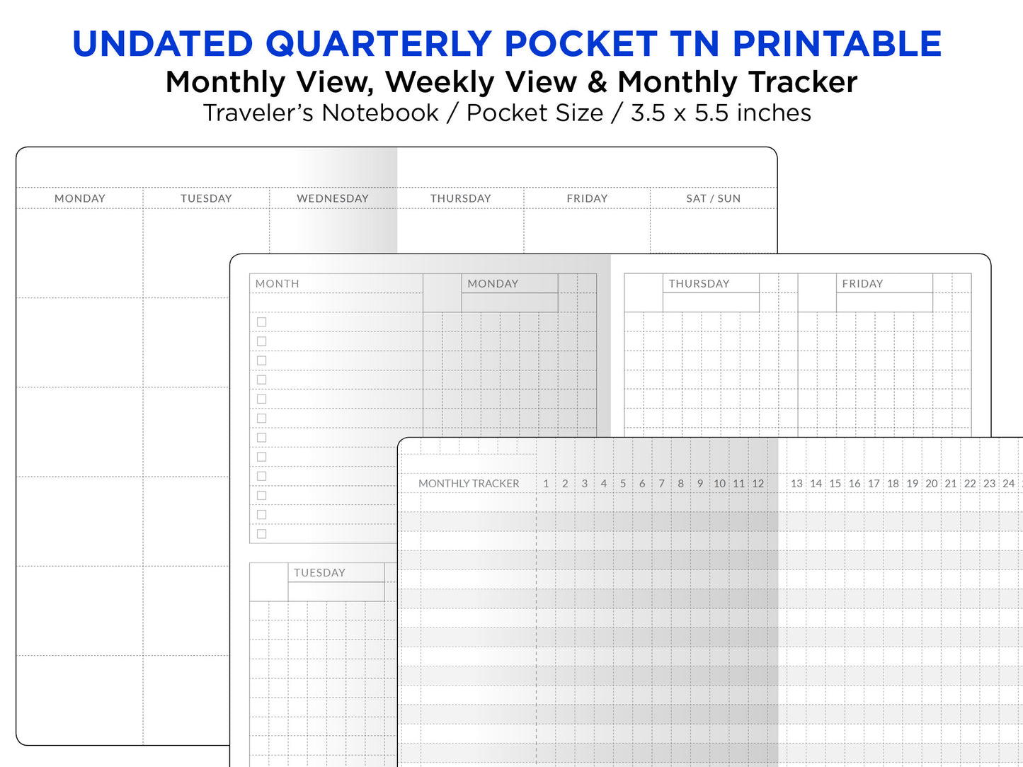 Quarterly POCKET Traveler's Notebook - Monthly View, Weekly View and Monthly Tracker PRINTABLE Undated Insert