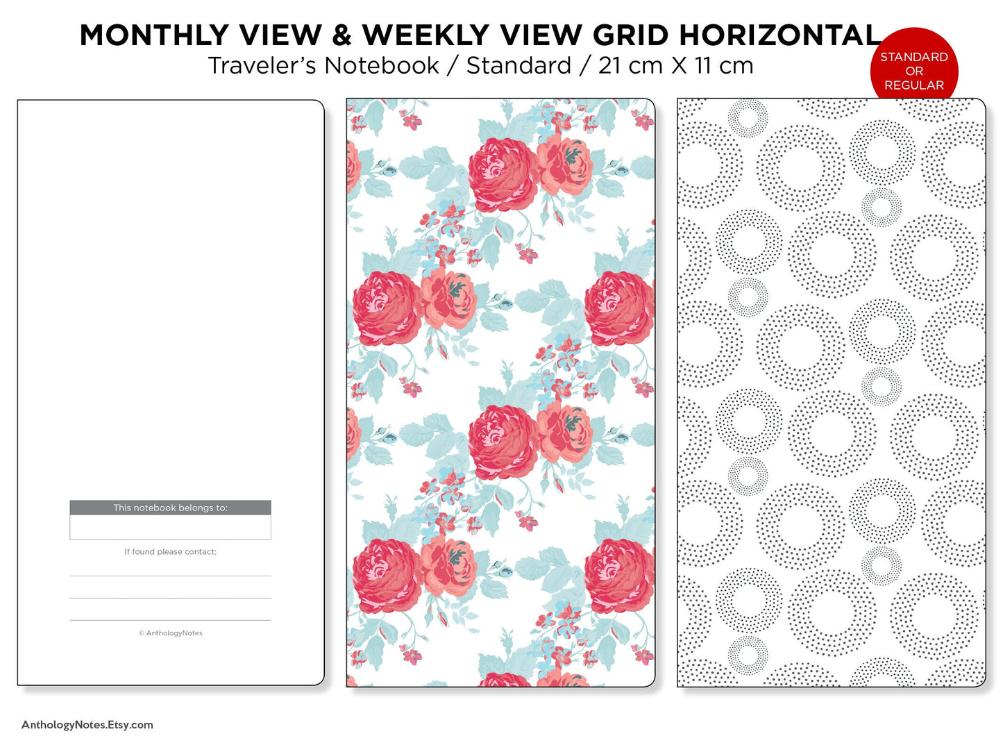 Monthly Weekly Horizontal GRID Traveler's Notebook Standard Size Printable Insert  Mo2P Wo1P Grid Undated