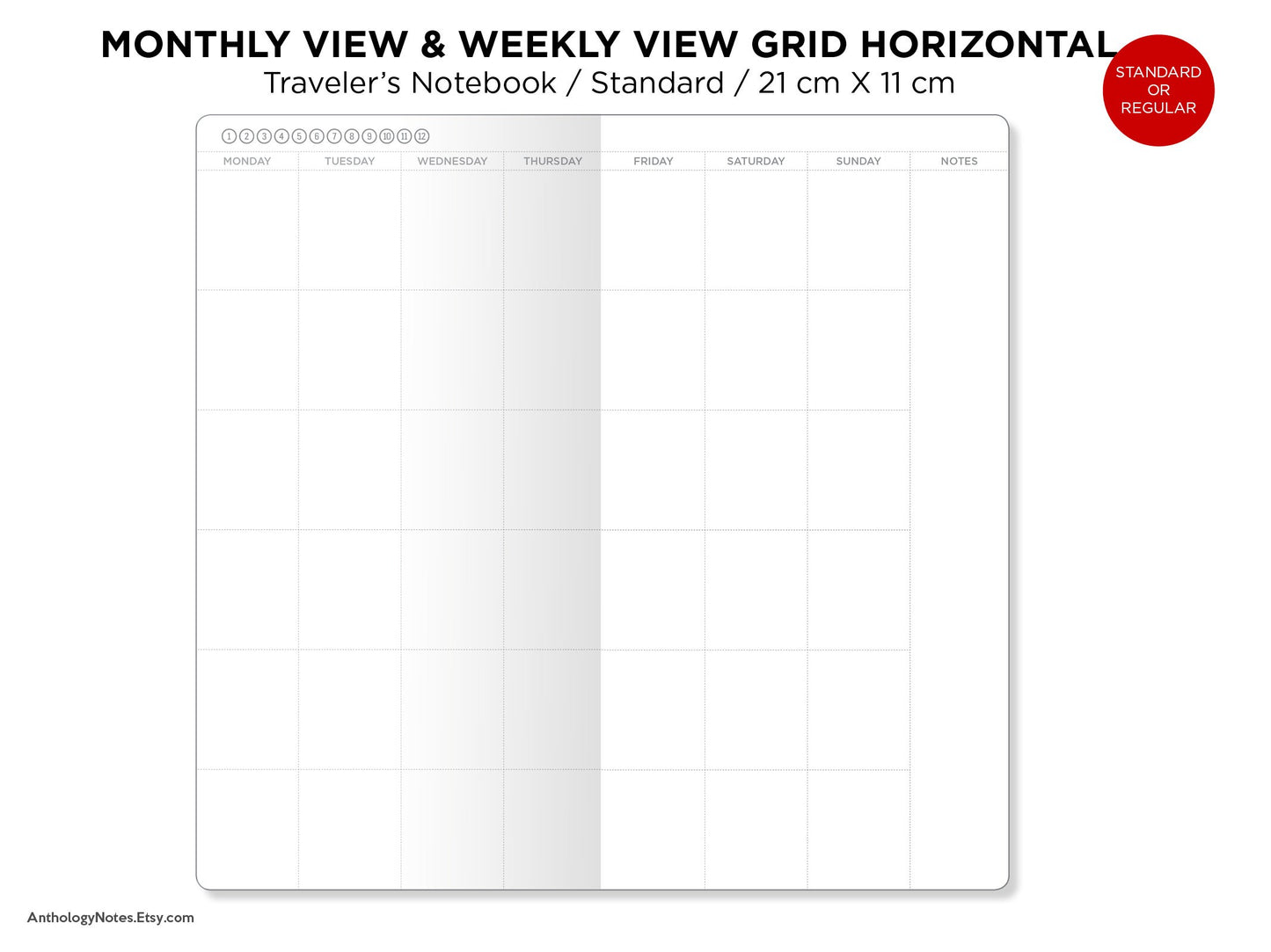 Monthly Weekly Horizontal GRID Traveler's Notebook Standard Size Printable Insert  Mo2P Wo1P Grid Undated