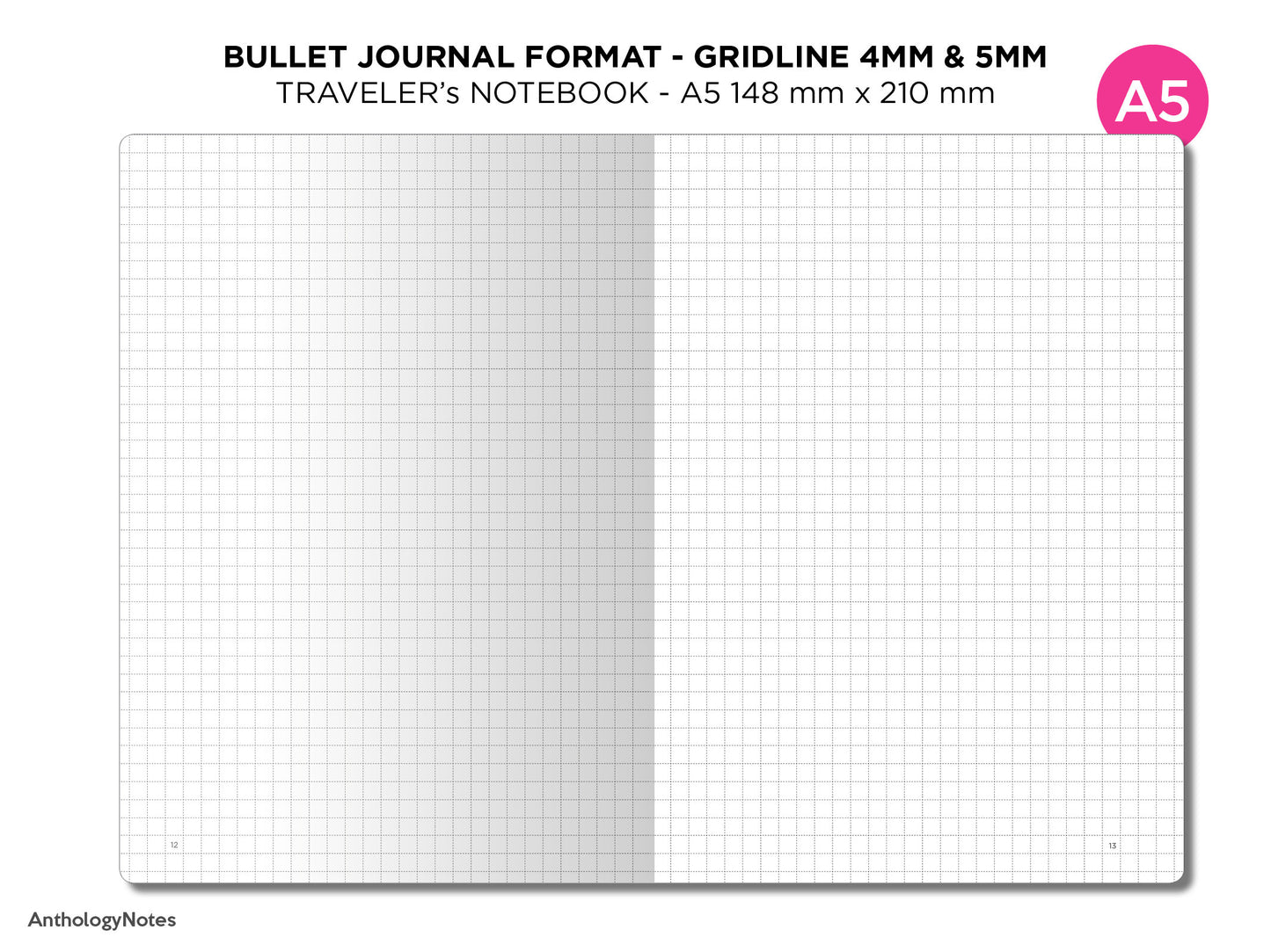 Bullet Log GRID - Traveler's Notebook A5 - Bujo Format - Numbered Pages, Key Page, Index Page - 5mm & 4mm