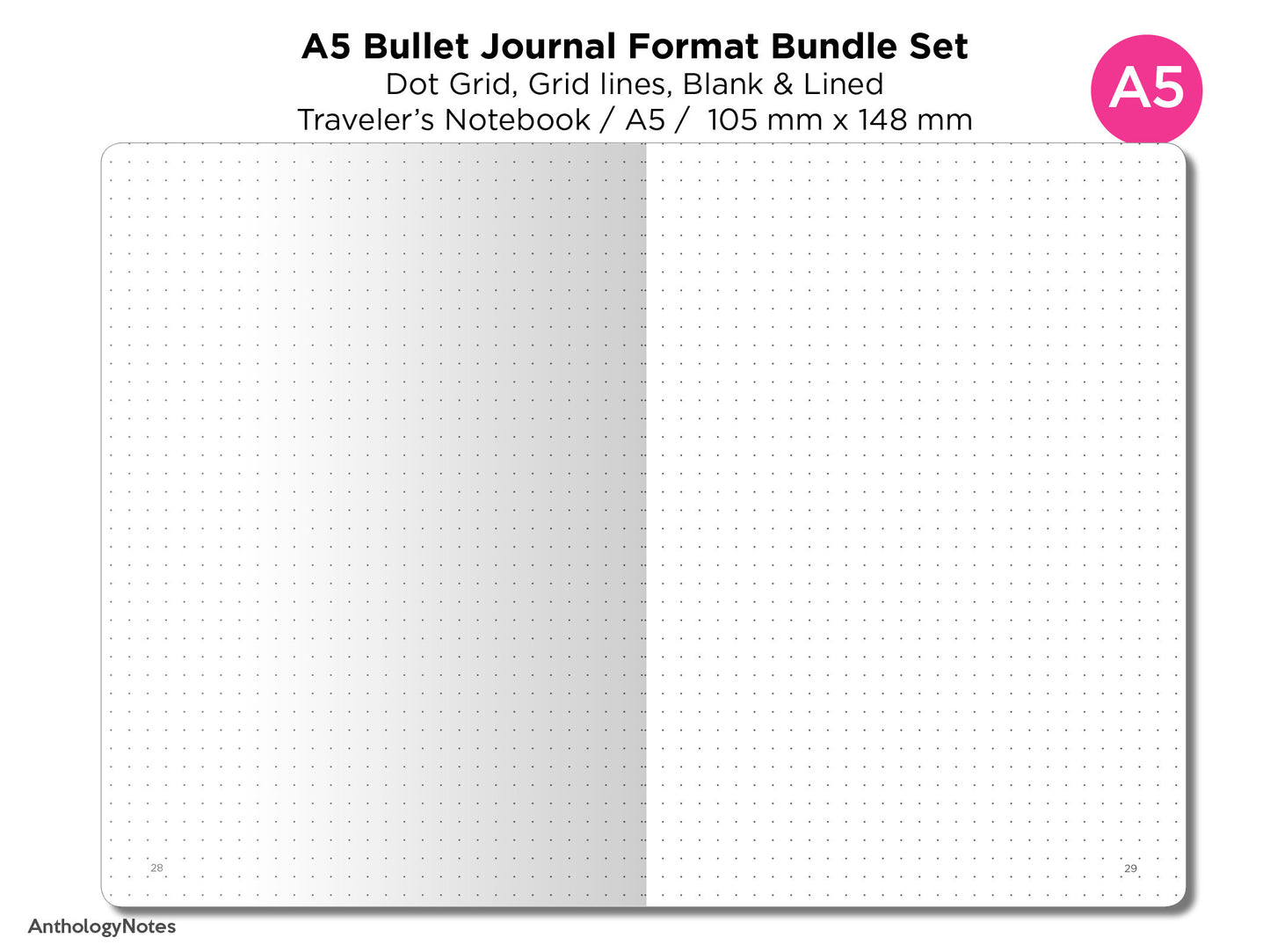 A5 Traveler's Notebook BU JO Format Bundle Set - Grid, Blank, Dot Grid, Blank - Printable Insert BA5001-Bujo