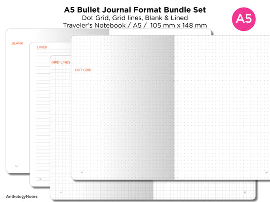 A5 Traveler's Notebook BU JO Format Bundle Set - Grid, Blank, Dot Grid, Blank - Printable Insert BA5001-Bujo