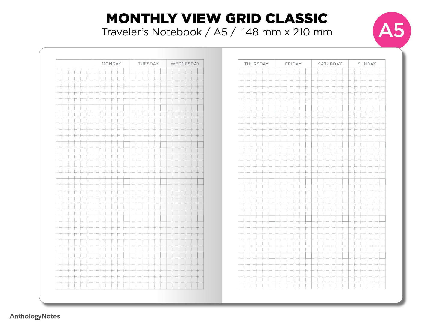 A5 Monthly GRID Planner Undated Printable Insert Traveler's Notebook Mo2P Minimalist