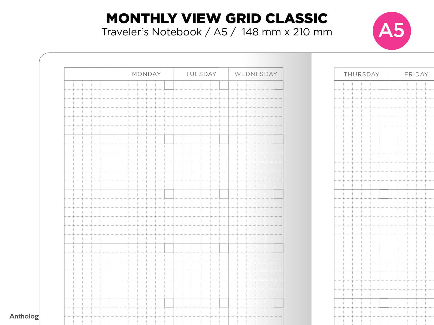 A5 Monthly GRID Planner Undated Printable Insert Traveler's Notebook Mo2P Minimalist