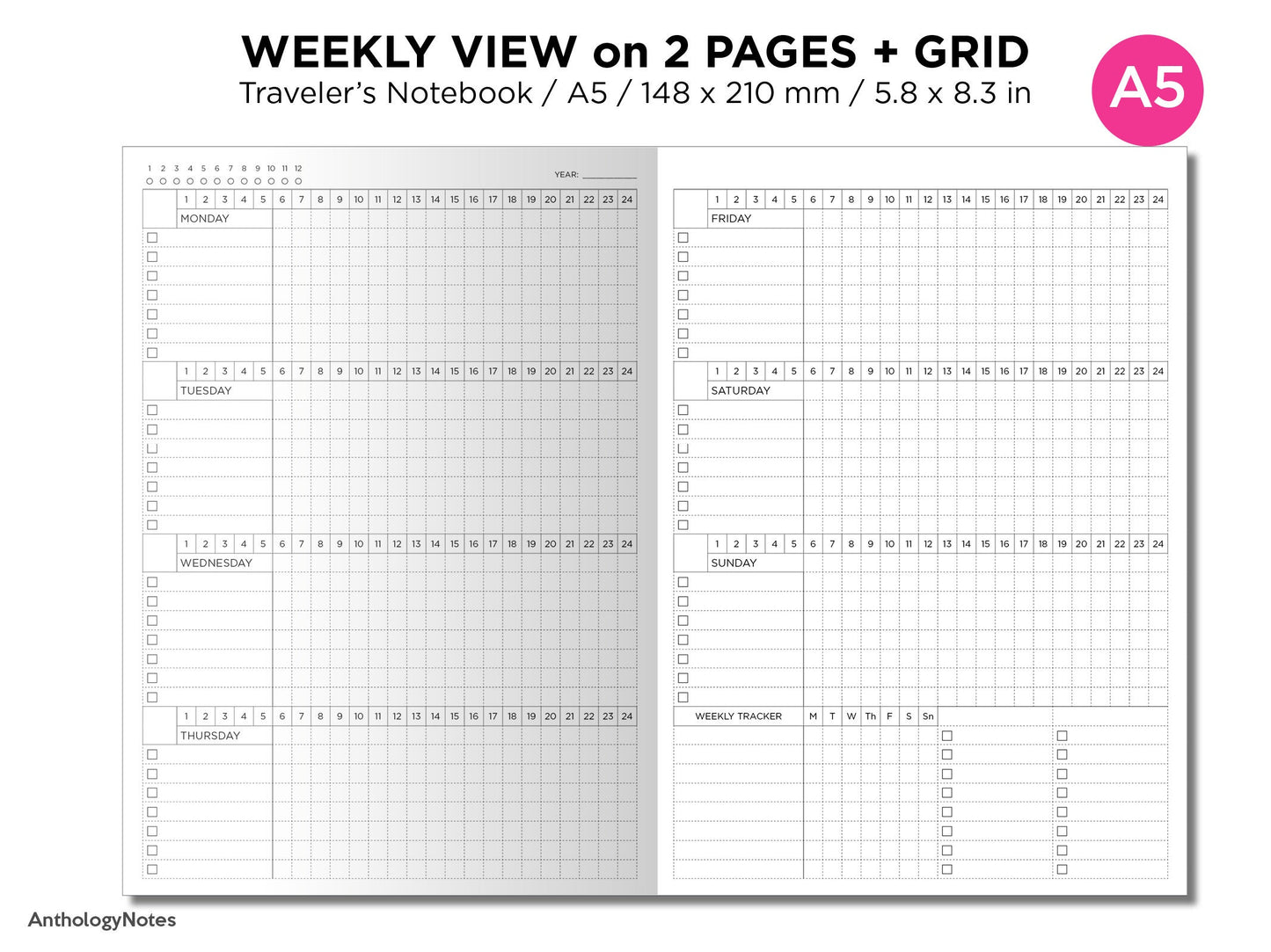 A5 Weekly View GRID Horizontal 24 Hour Tracker - Traveler's Notebook Printable Insert Undated MINIMALIST A5004