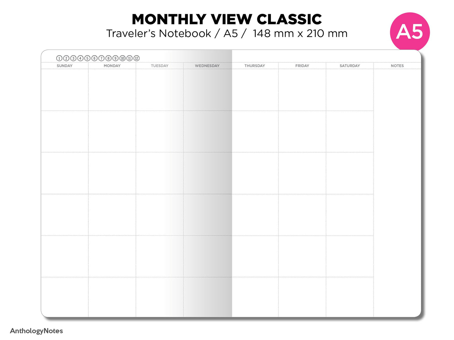 TN A5  Monthly View Classic Planner Printable Insert Traveler's Notebook Mo2P Minimalist
