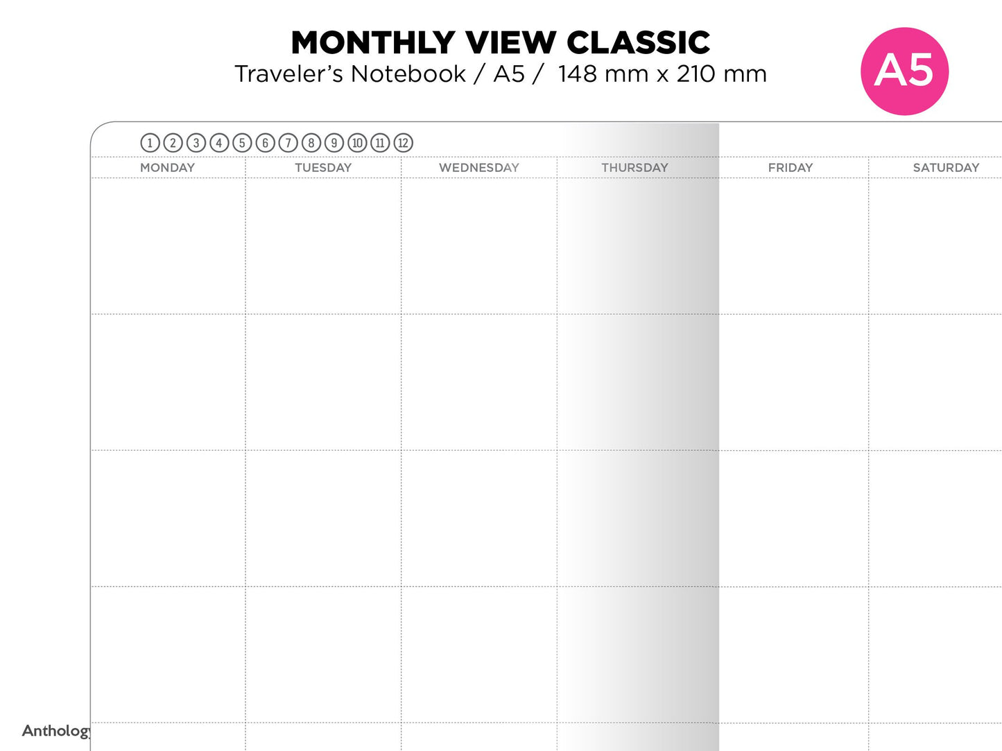 TN A5  Monthly View Classic Planner Printable Insert Traveler's Notebook Mo2P Minimalist