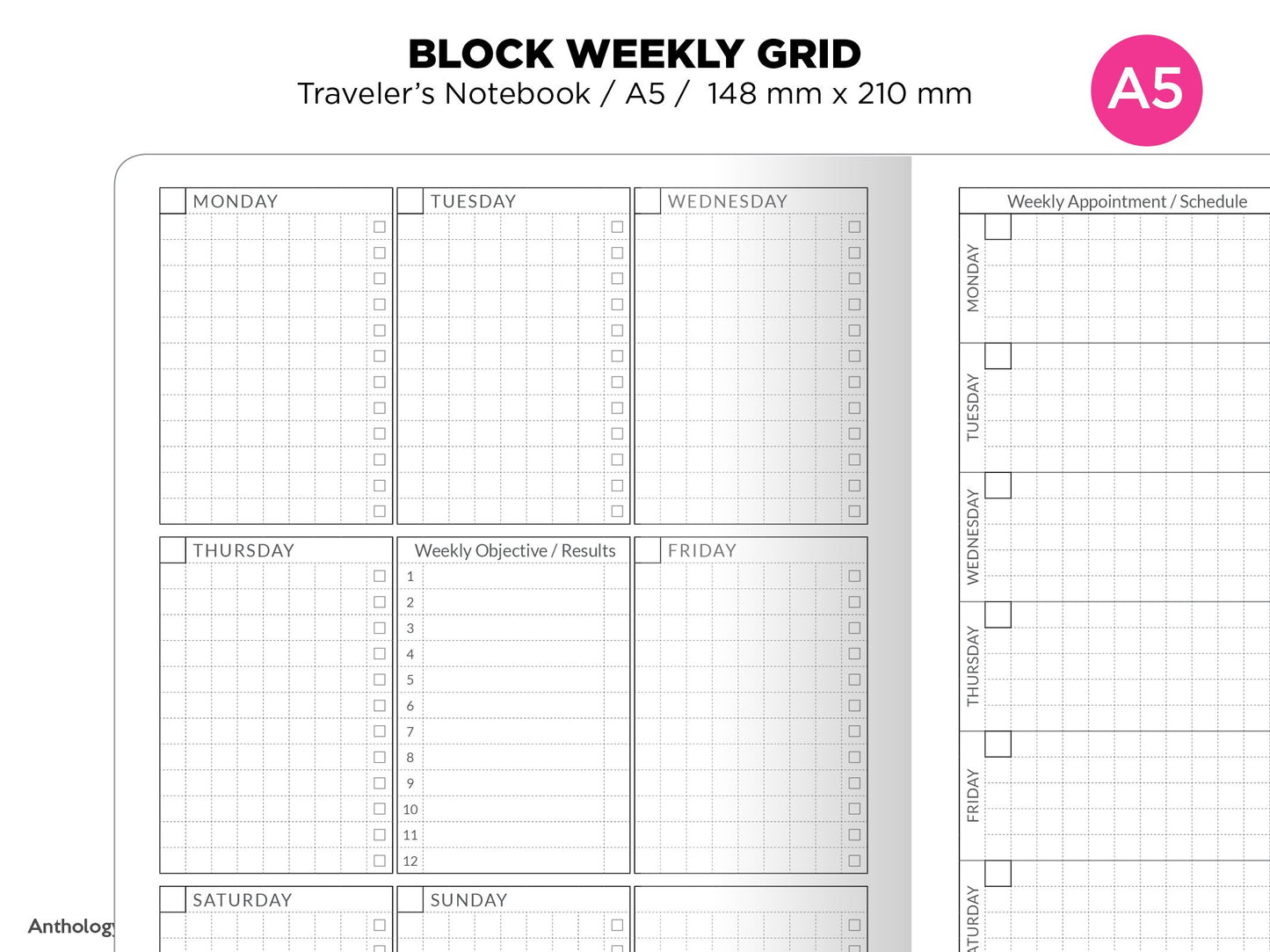 TN A5 Unique Weekly BLOCK GRID Printable Traveler's Notebook Insert