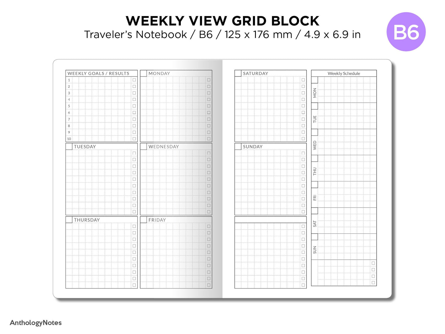 TN B6  Unique Weekly BLOCK GRID Printable Traveler's Notebook Insert