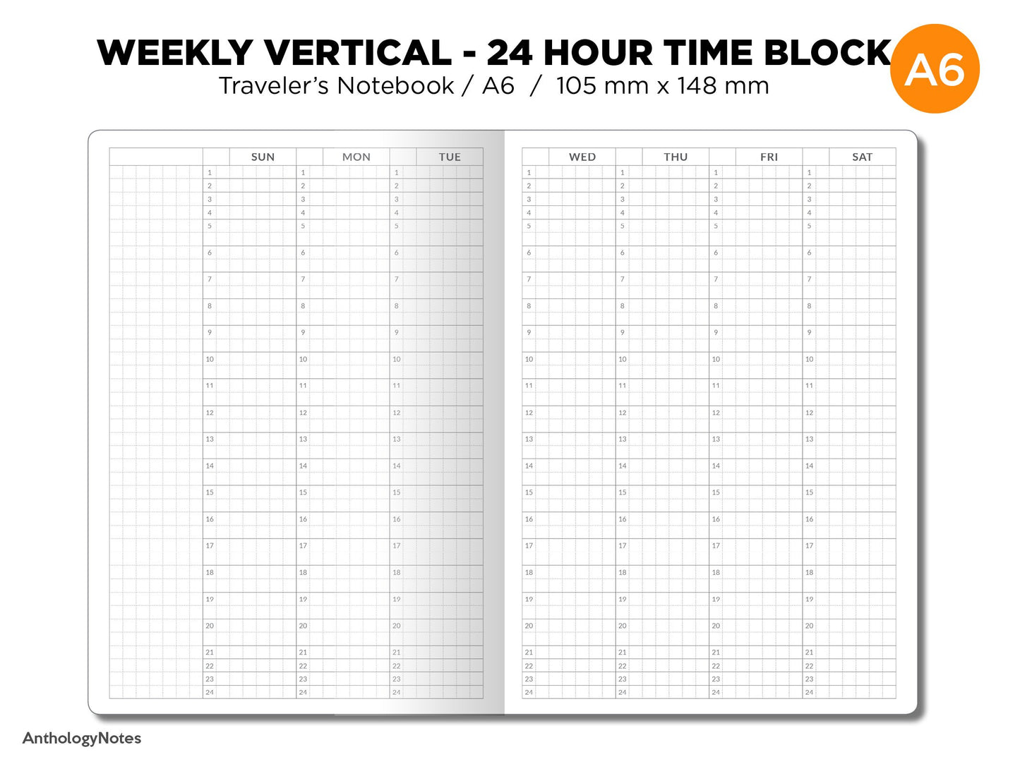 A6 Size 24 Hour TIME BLOCK Weekly VERTICAL  Printable Traveler's Notebook Insert